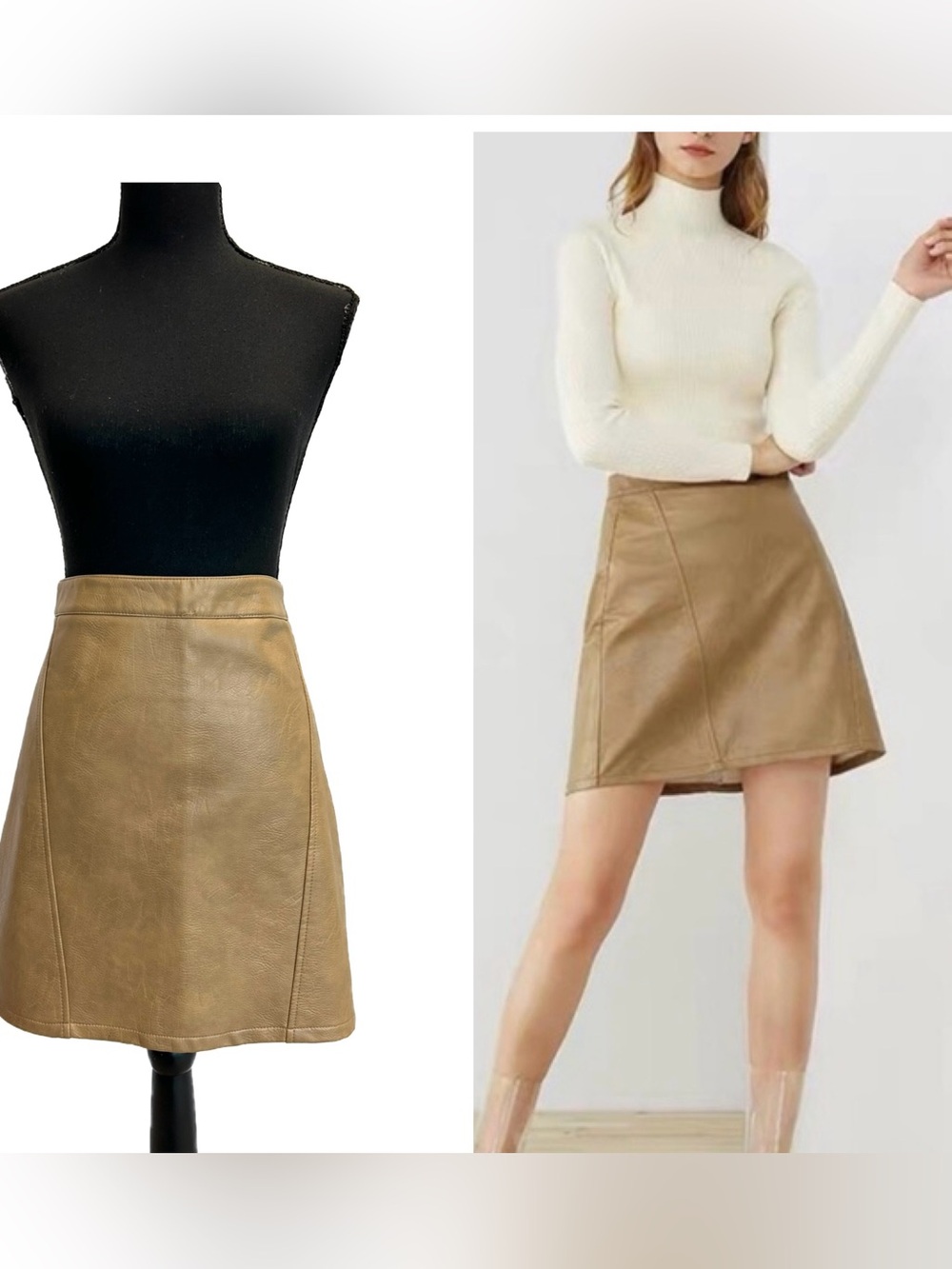 Zara Faux Vegan Leather A-Line Mini Skirt in Camel tan brown Sz M